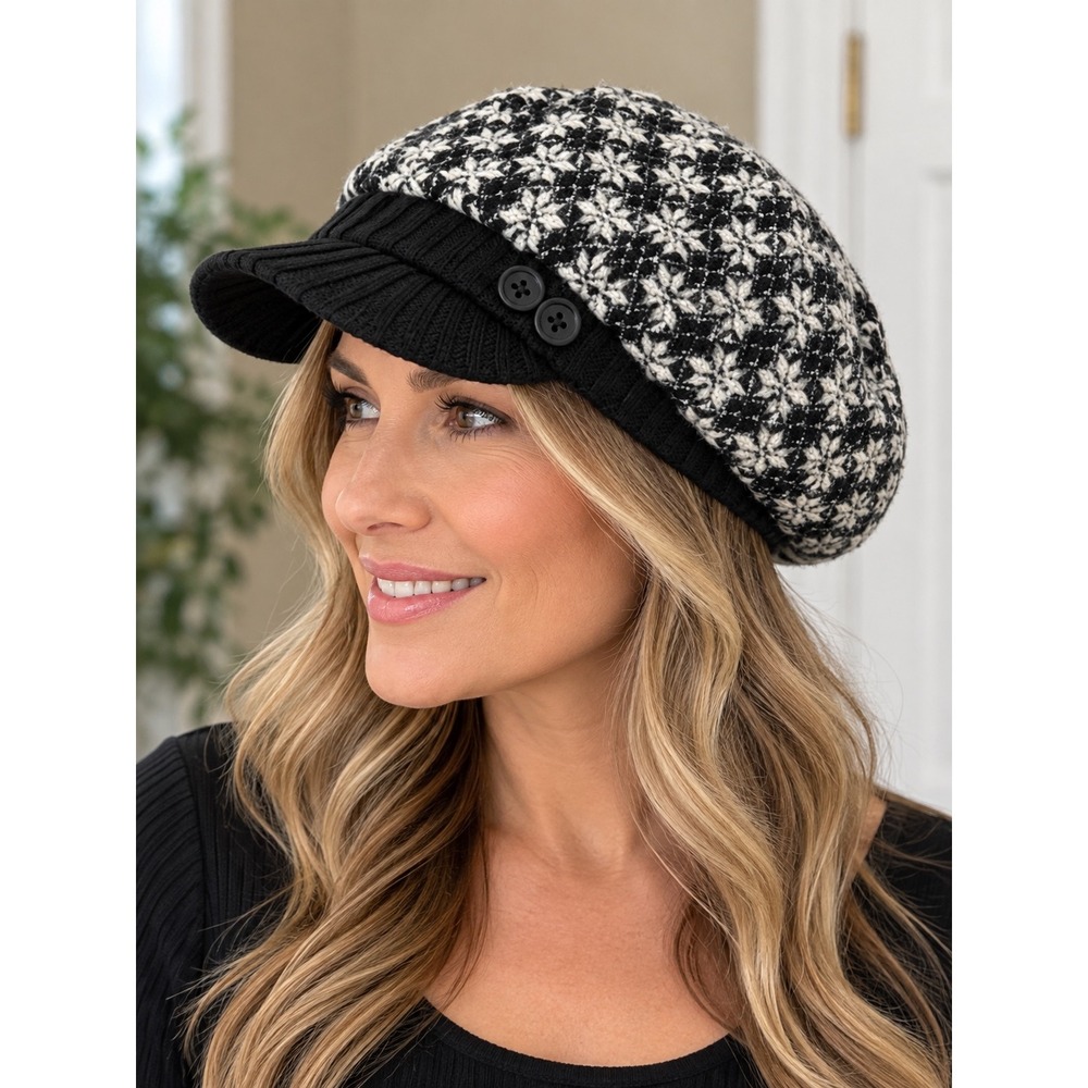 Black White Snowflake Knit Newsboy Cap Button Accent Lined Baker Boy Hat OS